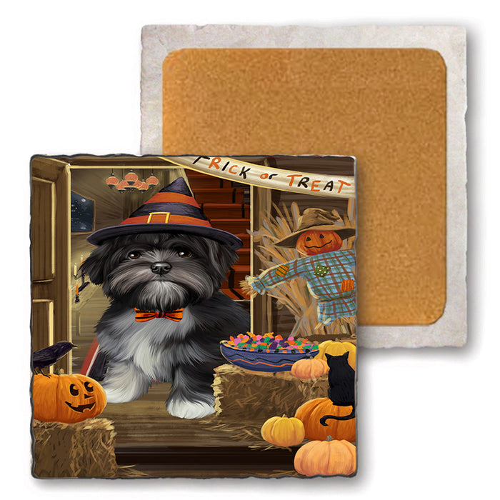 Enter at Own Risk Trick or Treat Halloween Lhasa Apso Dog Set of 4 Natural Stone Marble Tile Coasters MCST48183