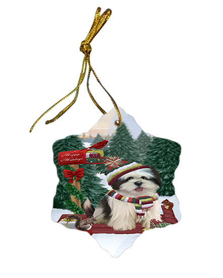 Merry Christmas Woodland Sled Lhasa Apso Dog Star Porcelain Ornament SPOR55323