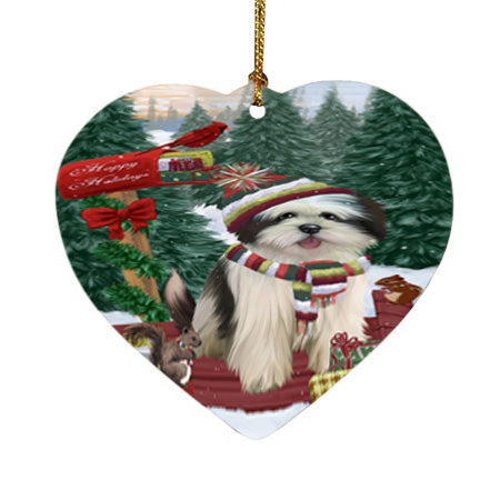 Merry Christmas Woodland Sled Lhasa Apso Dog Heart Christmas Ornament HPOR55323