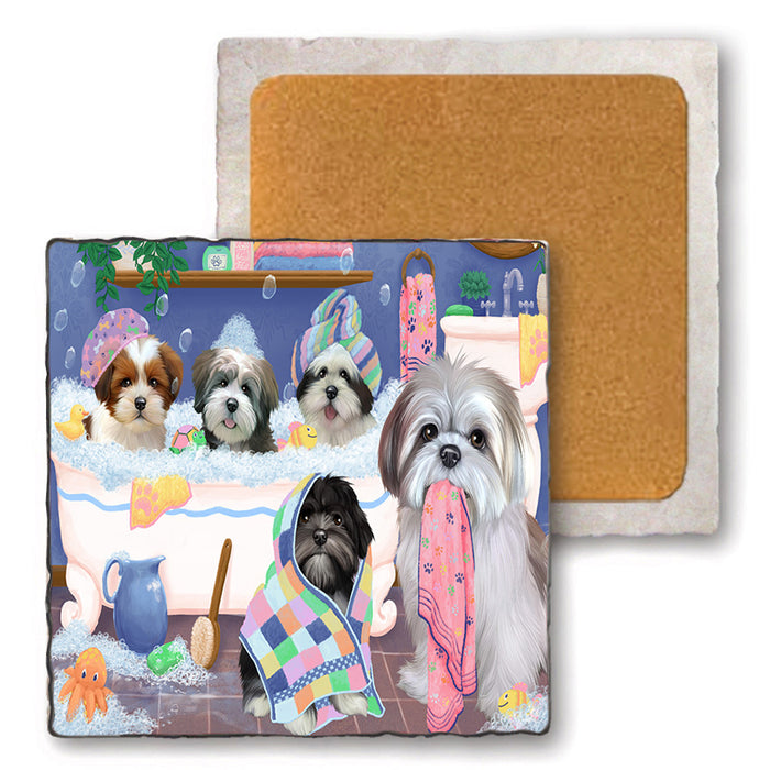 Rub A Dub Dogs In A Tub Lhasa Apsos Dog Set of 4 Natural Stone Marble Tile Coasters MCST51800