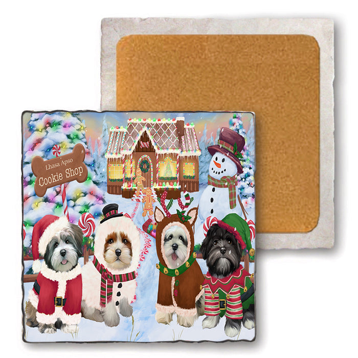 Holiday Gingerbread Cookie Shop Lhasa Apsos Dog Set of 4 Natural Stone Marble Tile Coasters MCST51411