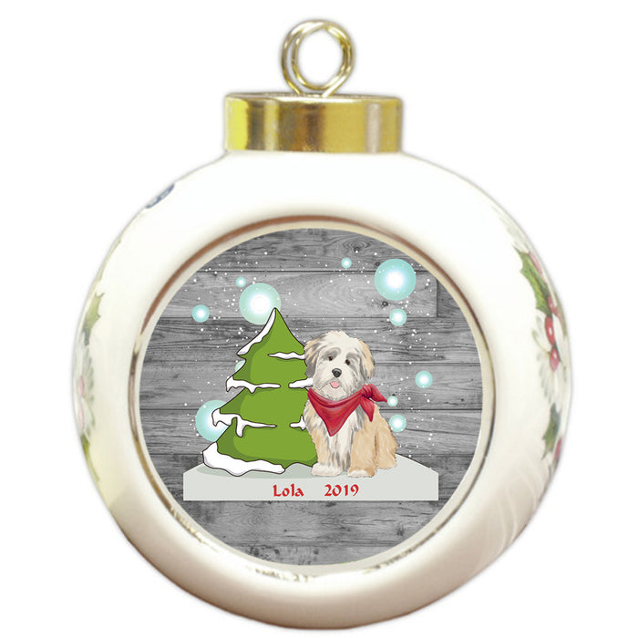 Custom Personalized Winter Scenic Tree and Presents Lhasa Apso Dog Christmas Round Ball Ornament