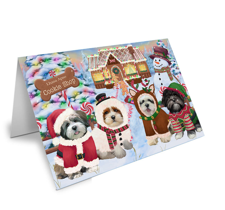 Holiday Gingerbread Cookie Shop Lhasa Apsos Dog Handmade Artwork Assorted Pets Greeting Cards and Note Cards with Envelopes for All Occasions and Holiday Seasons GCD73748