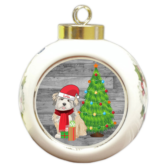 Custom Personalized Lhasa Apso Dog With Tree and Presents Christmas Round Ball Ornament