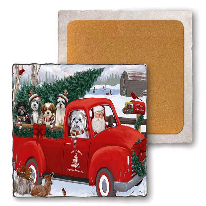 Christmas Santa Express Delivery Lhasa Apsos Dog Family Set of 4 Natural Stone Marble Tile Coasters MCST50047