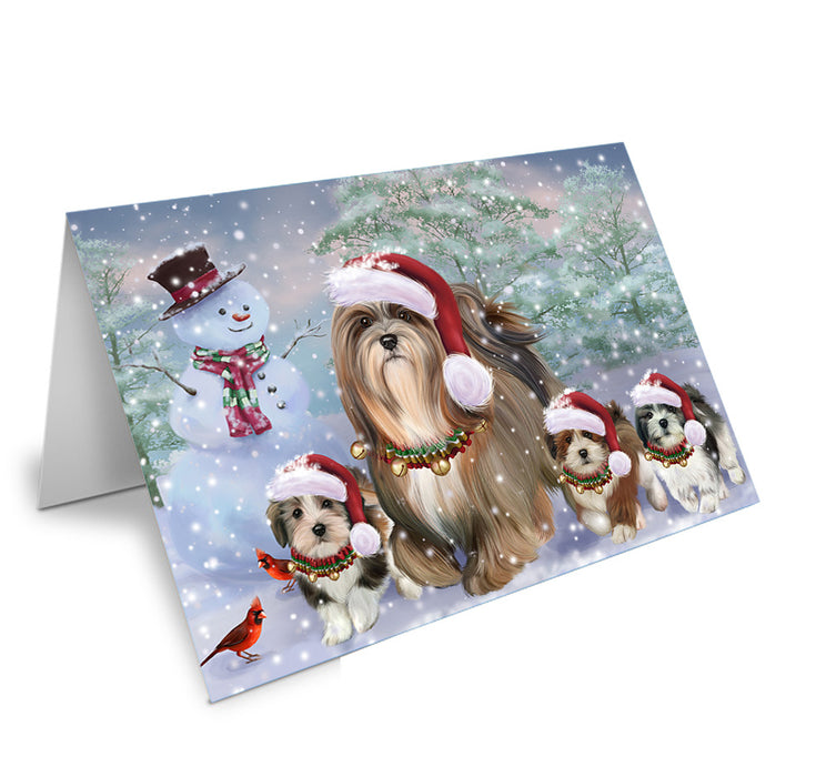 Christmas Running Family Lhasa Apso Dogs Handmade Artwork Assorted Pets Greeting Cards and Note Cards with Envelopes for All Occasions and Holiday Seasons GCD75293