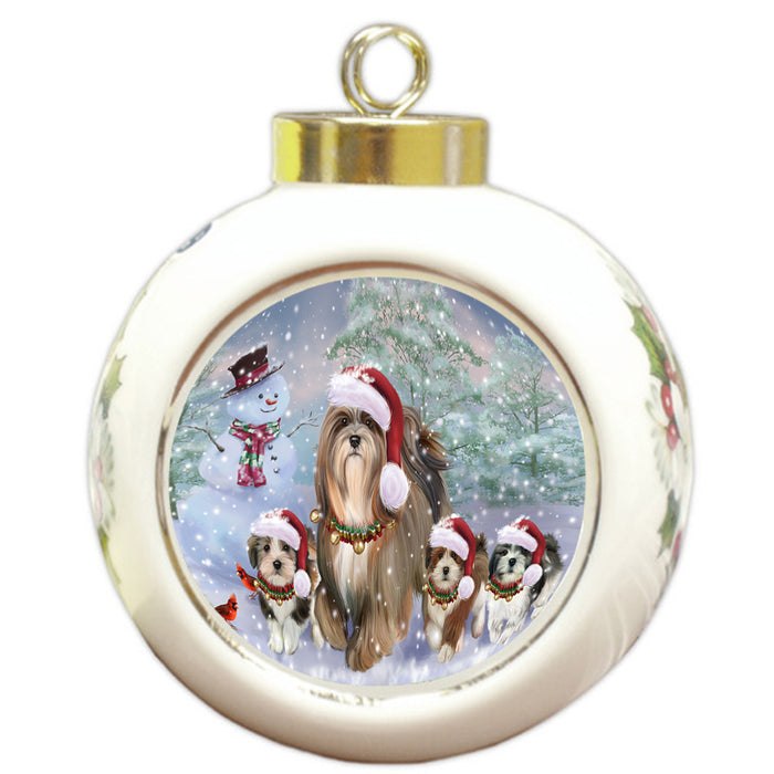 Christmas Running Family Lhasa Apso Dogs Round Ball Christmas Ornament RBPOR58260