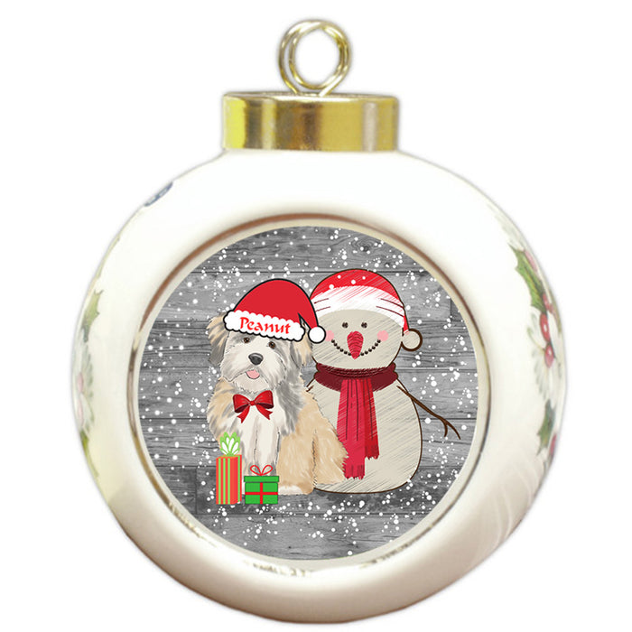Custom Personalized Snowy Snowman and Lhasa Apso Dog Christmas Round Ball Ornament
