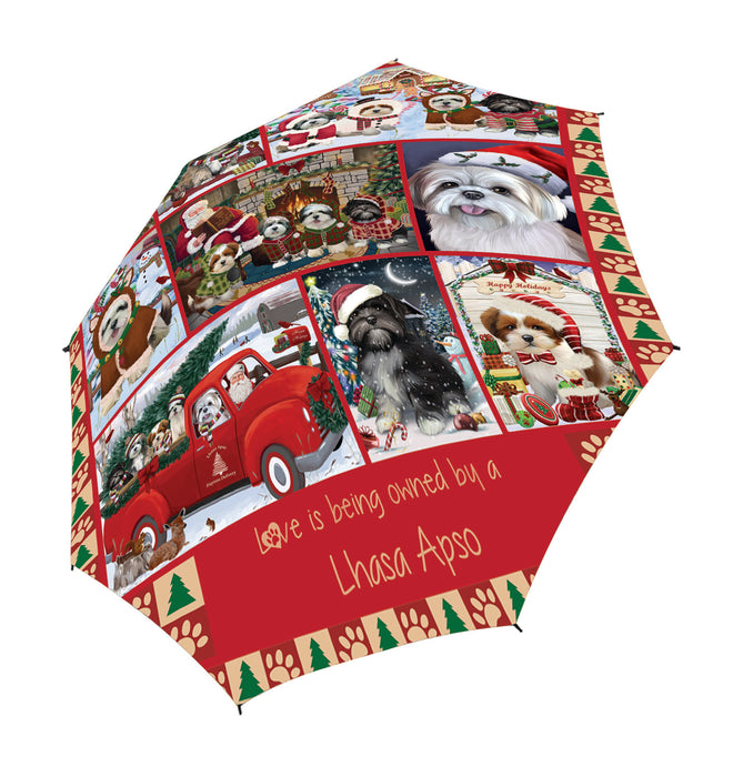 Love is Being Owned Christmas Lhasa Apso Dogs Semi-Automatic Foldable Umbrella