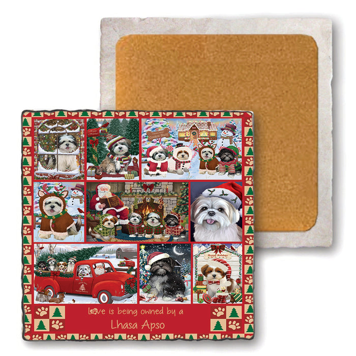 Love is Being Owned Christmas Lhasa Apso Dogs Set of 4 Natural Stone Marble Tile Coasters MCST52236