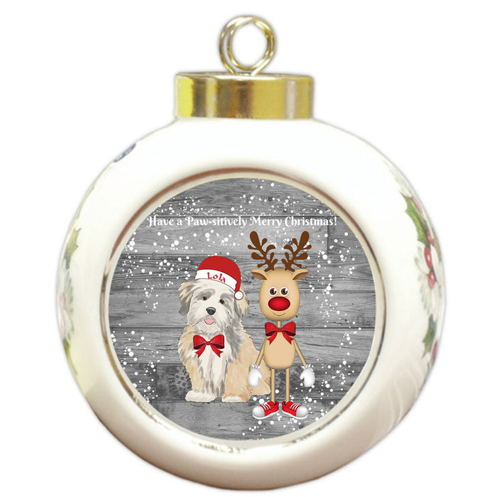 Custom Personalized Lhasa Apso Dog Reindeer and Pooch Christmas Round Ball Ornament