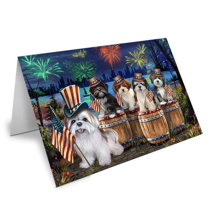 4th of July Independence Day Fireworks Lhasa Apsos at the Lake Handmade Artwork Assorted Pets Greeting Cards and Note Cards with Envelopes for All Occasions and Holiday Seasons GCD57152