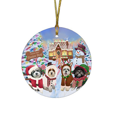 Holiday Gingerbread Cookie Shop Lhasa Apsos Dog Round Flat Christmas Ornament RFPOR56767