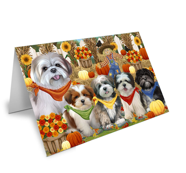 Fall Festive Gathering Lhasa Apsos Dog with Pumpkins Handmade Artwork Assorted Pets Greeting Cards and Note Cards with Envelopes for All Occasions and Holiday Seasons GCD55979