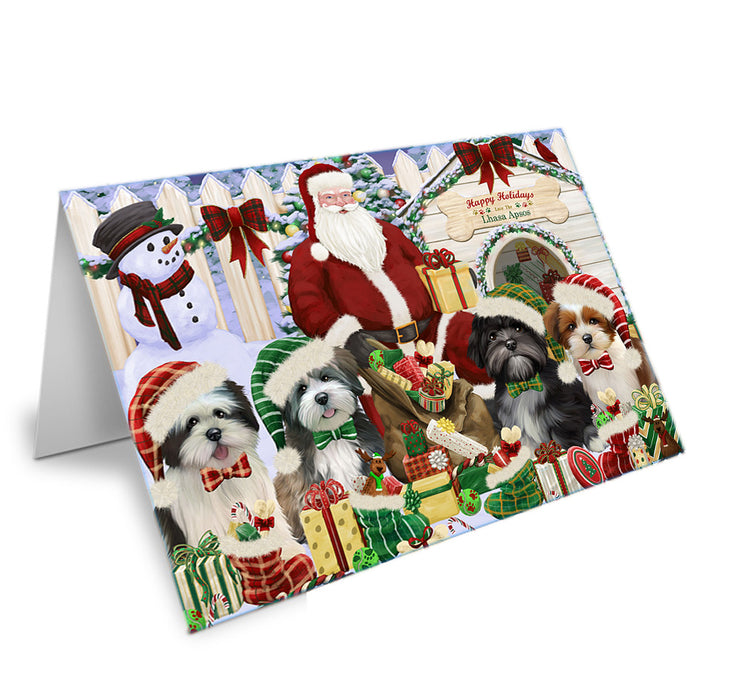 Happy Holidays Christmas Lhasa Apsos Dog House Gathering Handmade Artwork Assorted Pets Greeting Cards and Note Cards with Envelopes for All Occasions and Holiday Seasons GCD58403