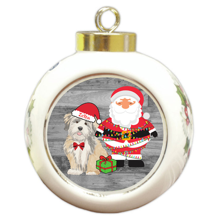 Custom Personalized Lhasa Apso Dog With Santa Wrapped in Light Christmas Round Ball Ornament