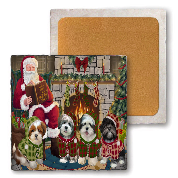 Christmas Cozy Holiday Tails Lhasa Apsos Dog Set of 4 Natural Stone Marble Tile Coasters MCST50135