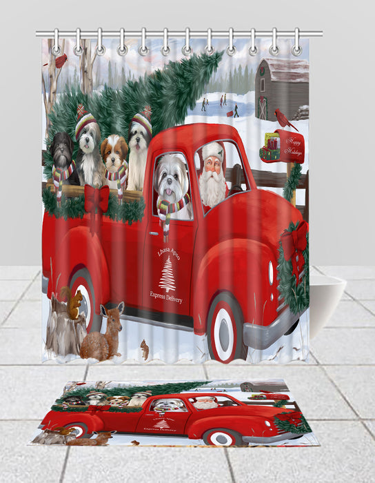 Christmas Santa Express Delivery Red Truck Lhasa Apso Dogs Bath Mat and Shower Curtain Combo
