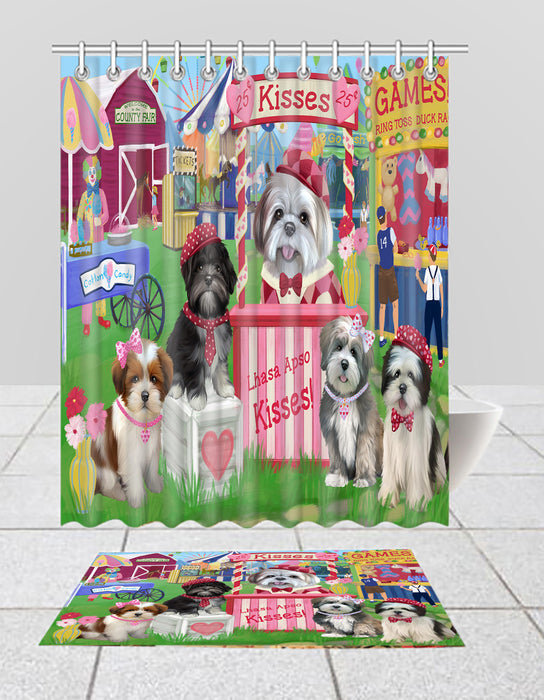 Carnival Kissing Booth Lhasa Apso Dogs  Bath Mat and Shower Curtain Combo