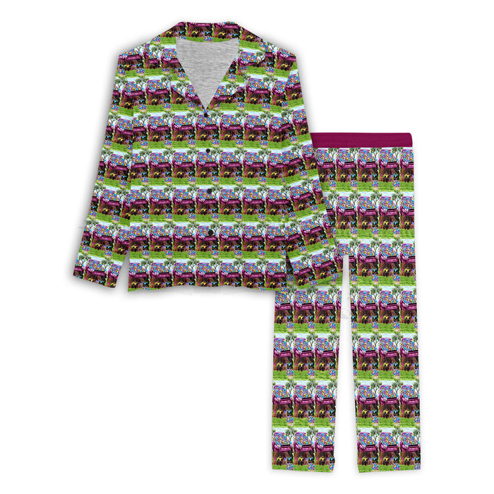 Pansy Patch Dachshund Dog Small Print, Women's Long Pajama Set, Great Gifts for Dog Lovers
