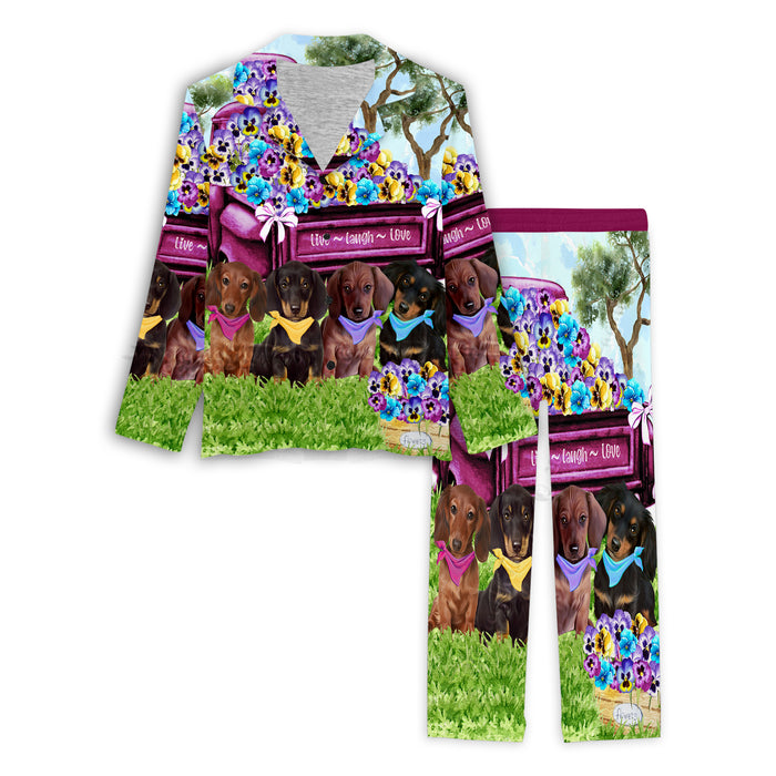 Pansy Patch Dachshund Dog Women's Long Pajama Set, Great Gifts for Dog Lovers