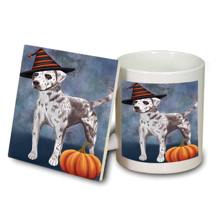 Happy Halloween Louisiana Catahoula Dog Wearing Witch Hat with Pumpkin Mug and Coaster Set MUC54894