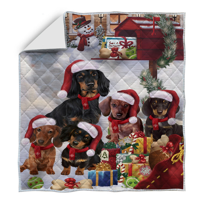 Christmas House with Gifts Dachshund Dogs Quilt Bed Coverlet Bedspread - Pets Comforter Unique One-side Animal Printing - Soft Lightweight Durable Washable Polyester Quilt