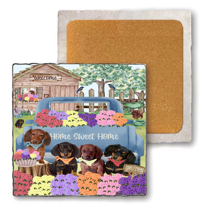 Rhododendron Home Sweet Home Garden Blue Truck Dachshund Dog Set of 4 Natural Stone Marble Tile Coasters MCST49027