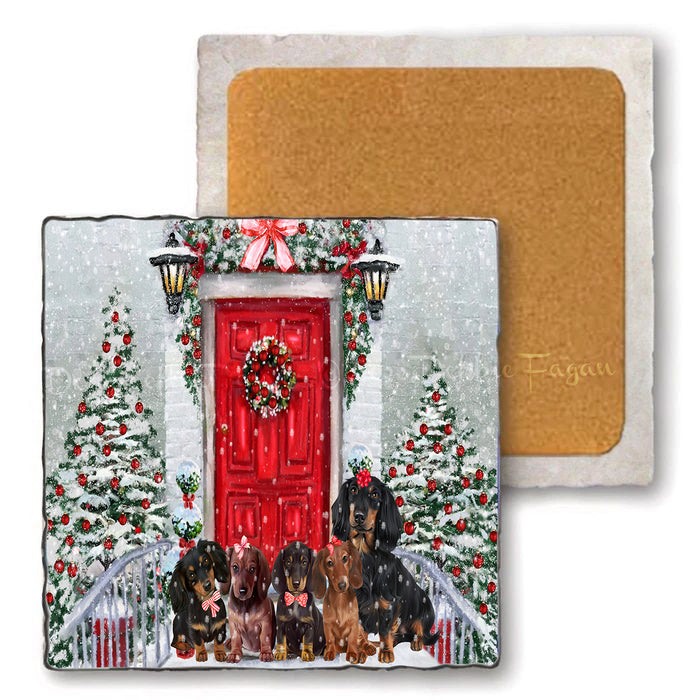 Christmas Holiday Welcome Red Door Dachshund Dog Set of 4 Natural Stone Marble Tile Coasters MCST49027