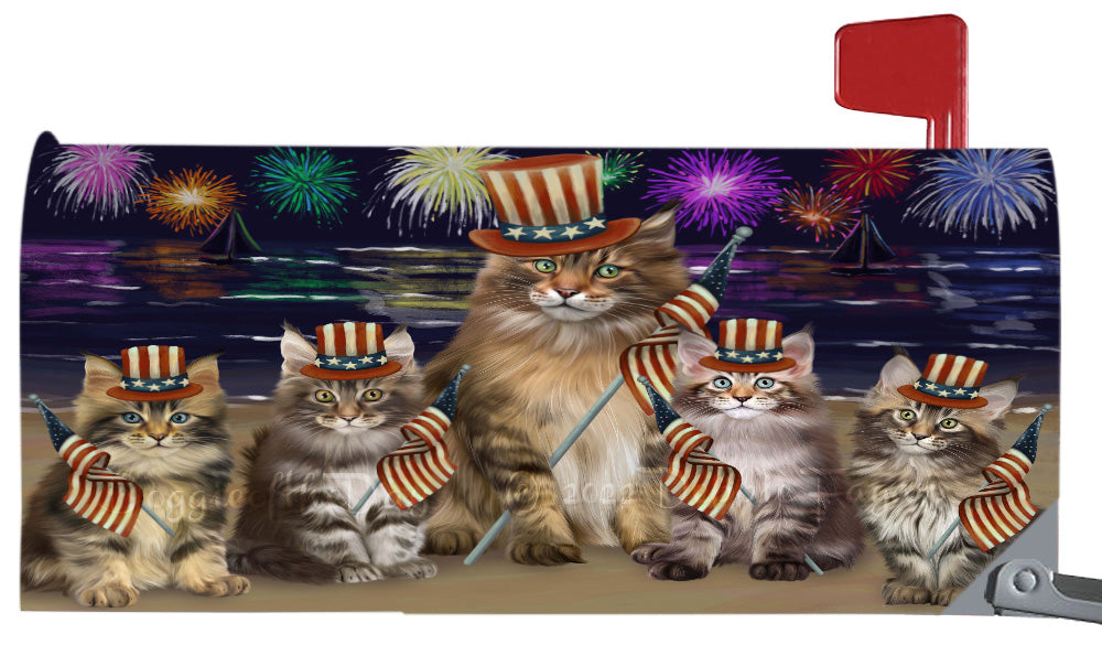 4th of July Independence Day Maine Coon Cats Magnetic Mailbox Cover Both Sides Pet Theme Printed Decorative Letter Box Wrap Case Postbox Thick Magnetic Vinyl Material