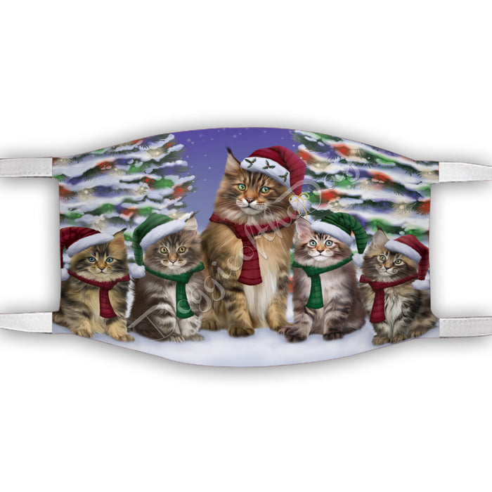 Maine Coon Cats Christmas Family Portrait in Holiday Scenic Background Face Mask FM48359