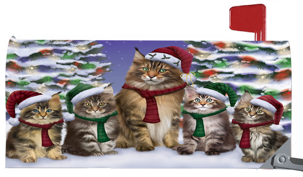 Magnetic Mailbox Cover Maine Coon Cats Dog Christmas Family Portrait in Holiday Scenic Background MBC48236
