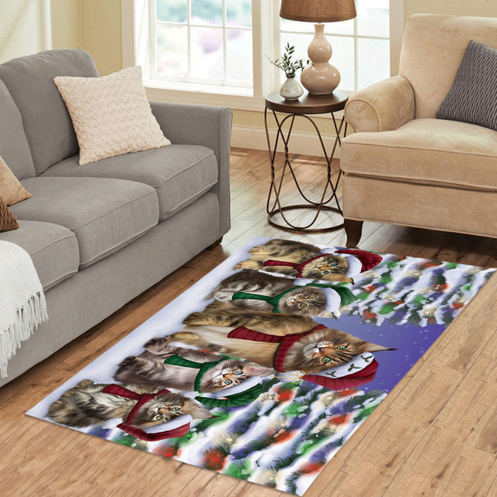 Maine Coon Cats Christmas Family Portrait in Holiday Scenic Background Area Rug