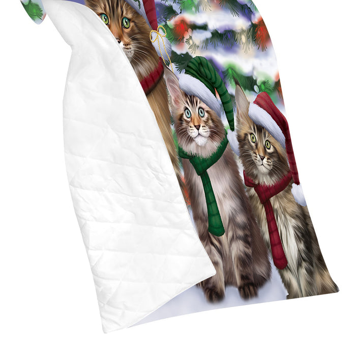 Maine Coon Cats Christmas Family Portrait in Holiday Scenic Background Quilt