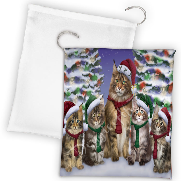 Maine Coon Cats Christmas Family Portrait in Holiday Scenic Background Drawstring Laundry or Gift Bag LGB48157