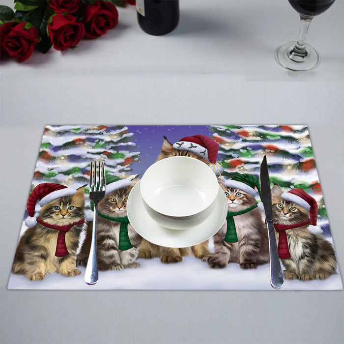 Maine Coon Cats Christmas Family Portrait in Holiday Scenic Background Placemat
