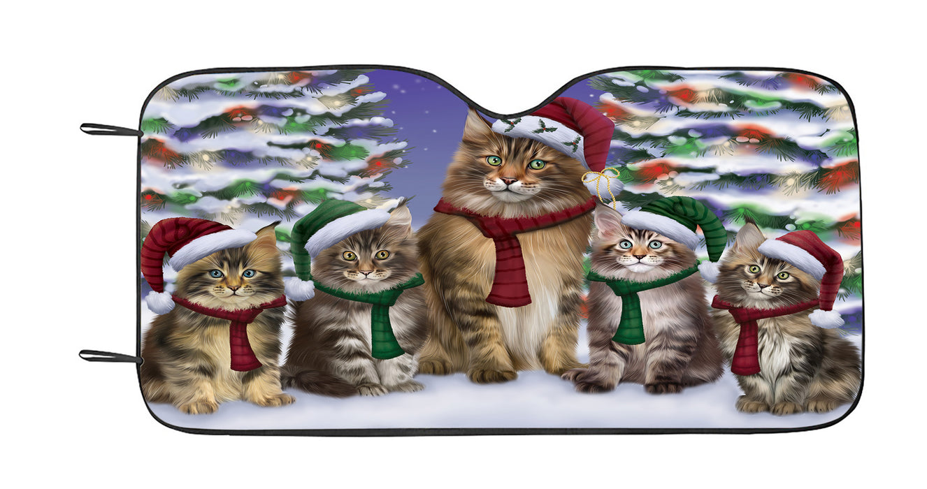 Maine Coon Cats Christmas Family Portrait in Holiday Scenic Background Car Sun Shade