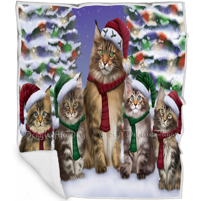 Maine Coons Cat Christmas Family Portrait in Holiday Scenic Background  Blanket BLNKT90741