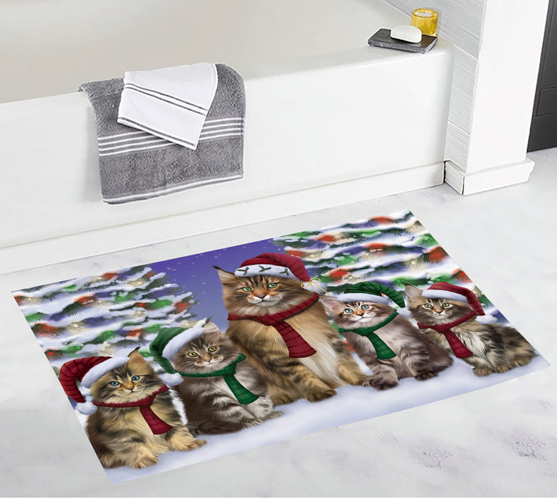 Maine Coon Cats Christmas Family Portrait in Holiday Scenic Background Bath Mat