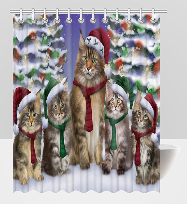 Maine Coon Cats Christmas Family Portrait in Holiday Scenic Background Shower Curtain