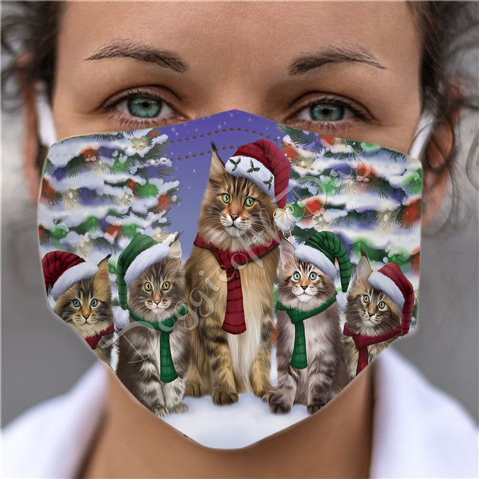 Maine Coon Cats Christmas Family Portrait in Holiday Scenic Background Face Mask FM48359