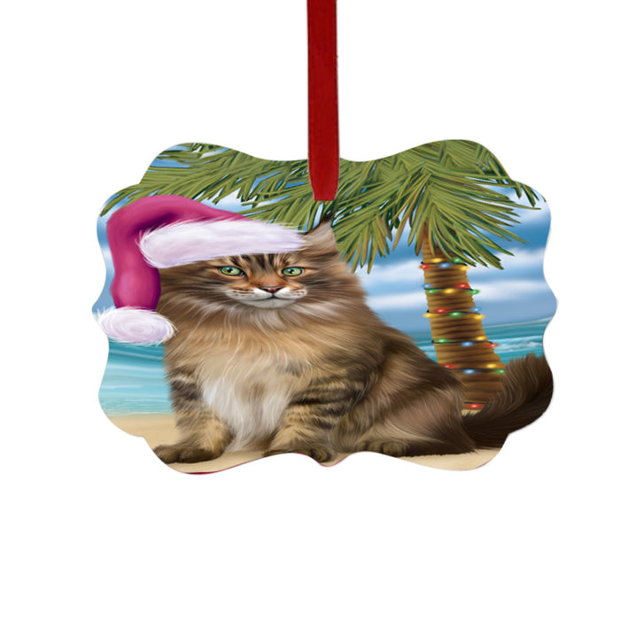 Summertime Happy Holidays Christmas Maine Coon Cat on Tropical Island Beach Double-Sided Photo Benelux Christmas Ornament LOR49381