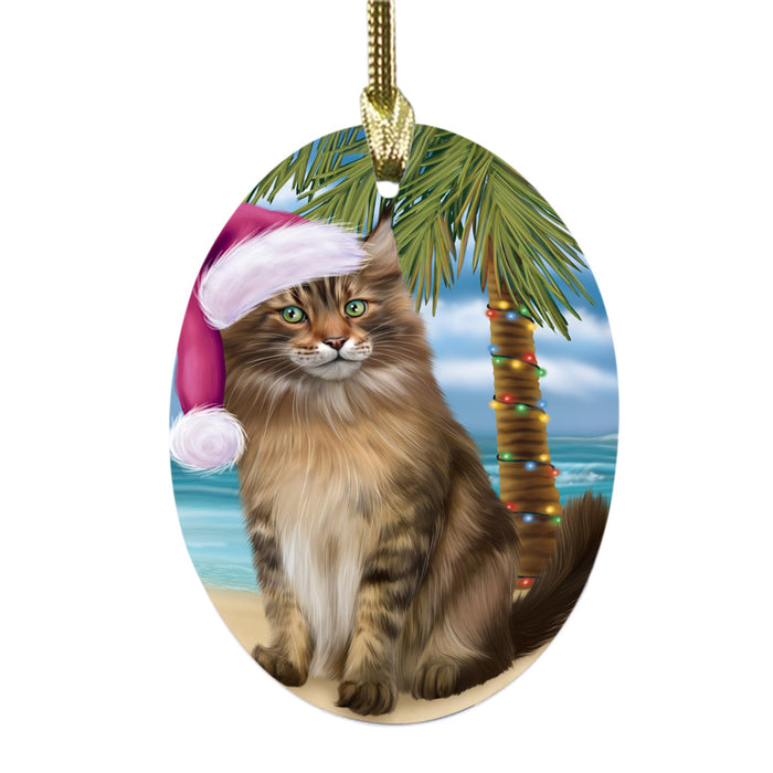 Summertime Happy Holidays Christmas Maine Coon Cat on Tropical Island Beach Oval Glass Christmas Ornament OGOR49381