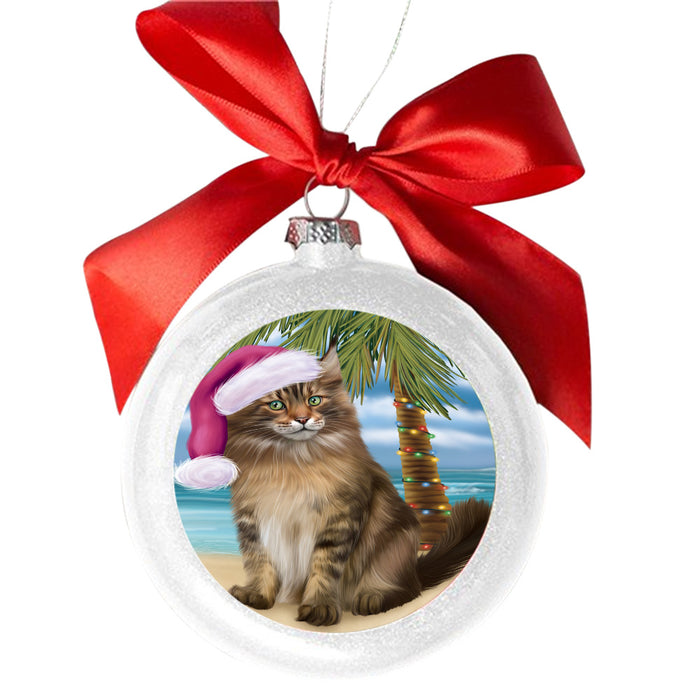 Summertime Happy Holidays Christmas Maine Coon Cat on Tropical Island Beach White Round Ball Christmas Ornament WBSOR49381