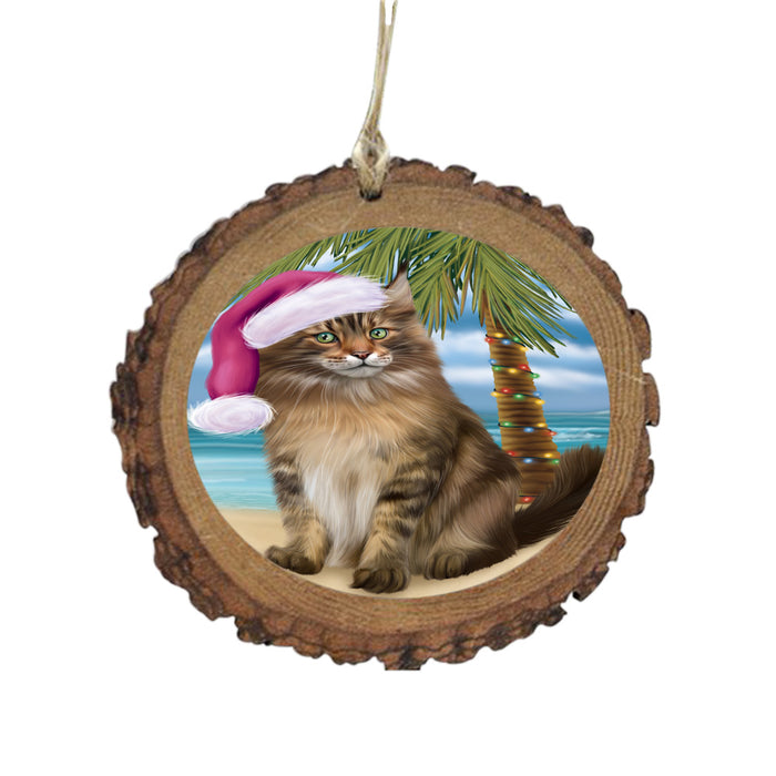 Summertime Happy Holidays Christmas Maine Coon Cat on Tropical Island Beach Wooden Christmas Ornament WOR49381