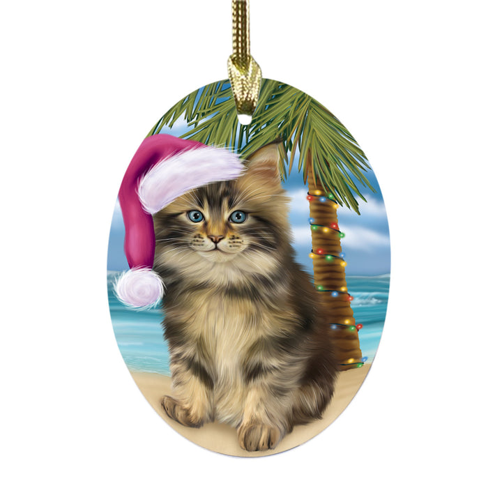 Summertime Happy Holidays Christmas Maine Coon Cat on Tropical Island Beach Oval Glass Christmas Ornament OGOR49382