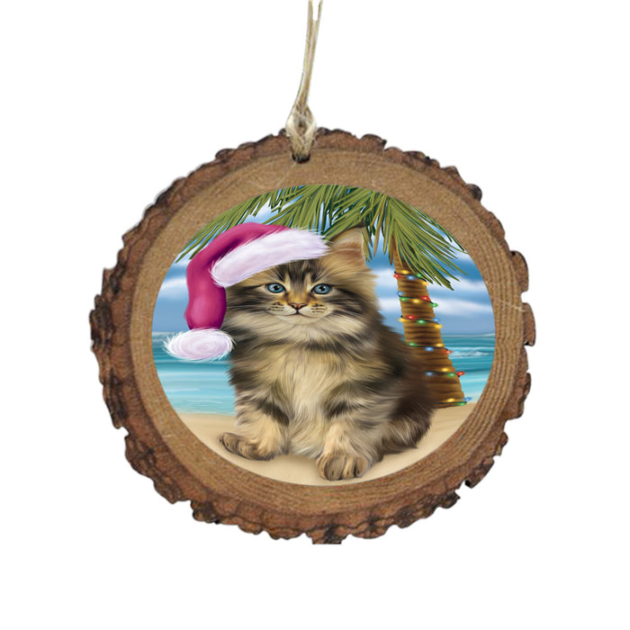 Summertime Happy Holidays Christmas Maine Coon Cat on Tropical Island Beach Wooden Christmas Ornament WOR49382