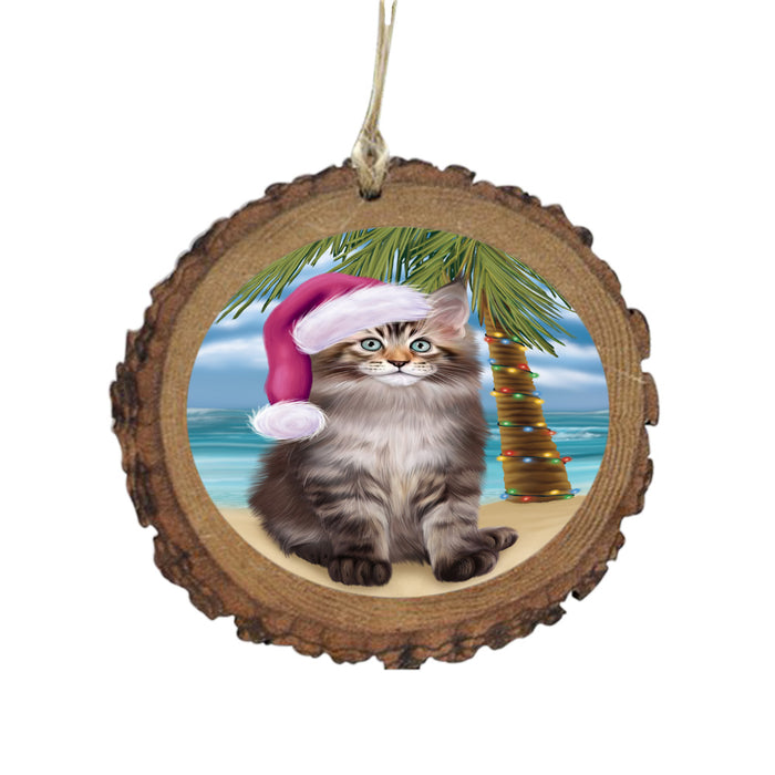 Summertime Happy Holidays Christmas Maine Coon Cat on Tropical Island Beach Wooden Christmas Ornament WOR49383