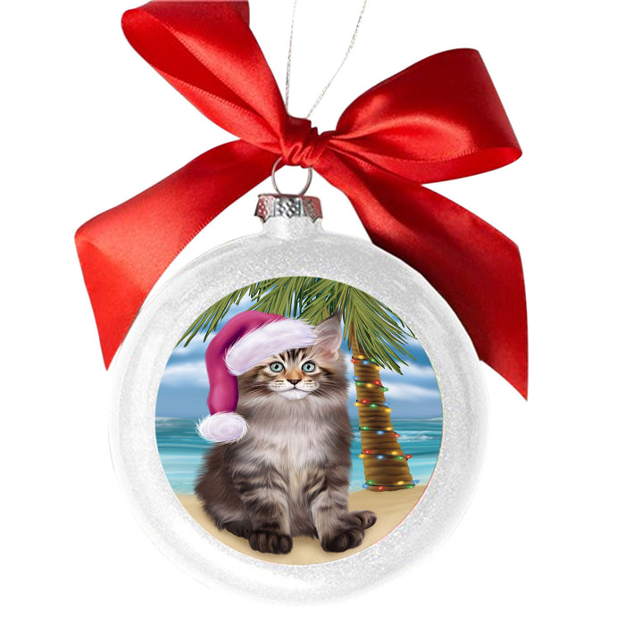Summertime Happy Holidays Christmas Maine Coon Cat on Tropical Island Beach White Round Ball Christmas Ornament WBSOR49383