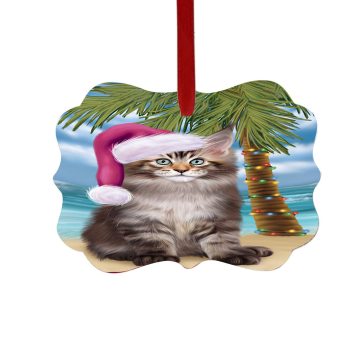 Summertime Happy Holidays Christmas Maine Coon Cat on Tropical Island Beach Double-Sided Photo Benelux Christmas Ornament LOR49383